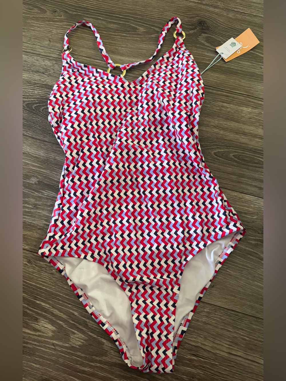NWT Kona Sol Red Pink White Zigzag One-Piece Swimsuit